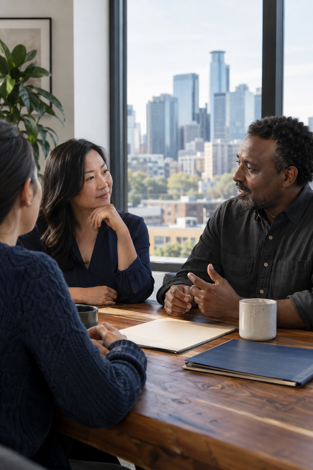Illustrative scene of business owners discussing their next steps around a table
